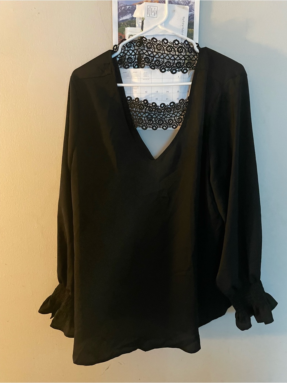 SHEIN Black V-Neck Long Sleeve Blouse with Lace Back